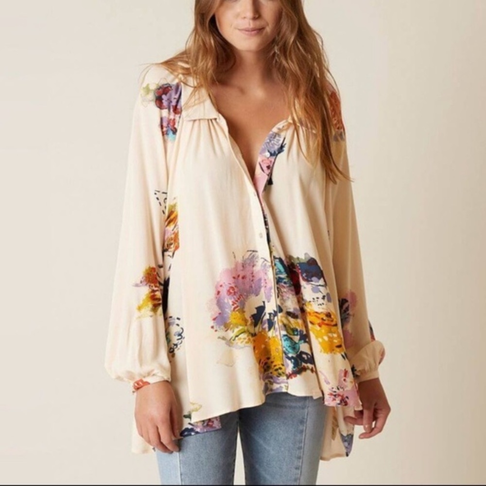 Free People Cream Floral Button-Front Blouse